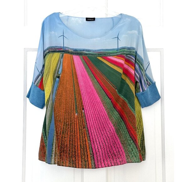 Akris Tulip Farm Flower Field Top Silk Stripe Rainbow Floral Blouse Blue 12 - Picture 1 of 14